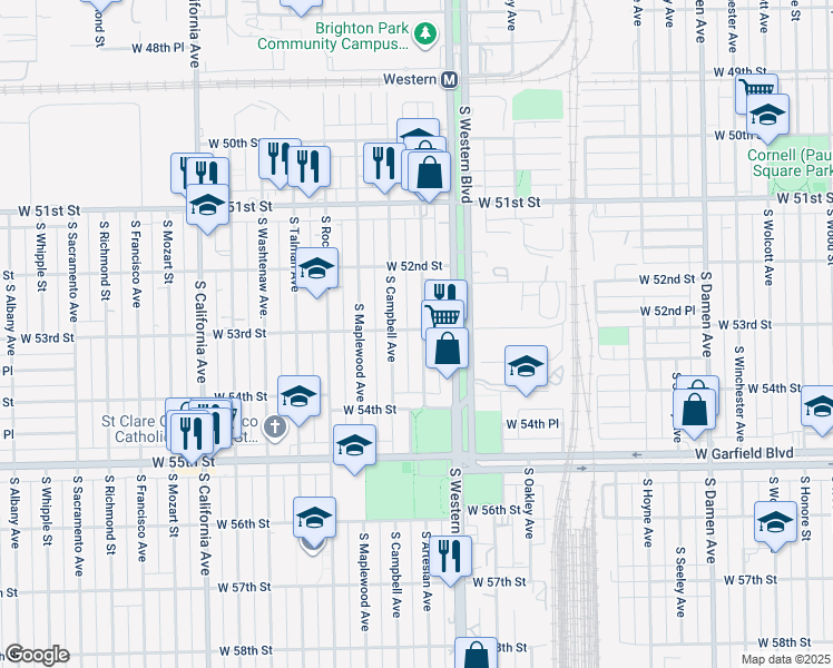 map of restaurants, bars, coffee shops, grocery stores, and more near 5300 South Artesian Avenue in Chicago