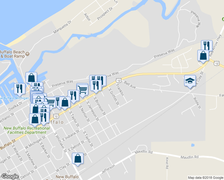 map of restaurants, bars, coffee shops, grocery stores, and more near 15 South Griffith Street in New Buffalo