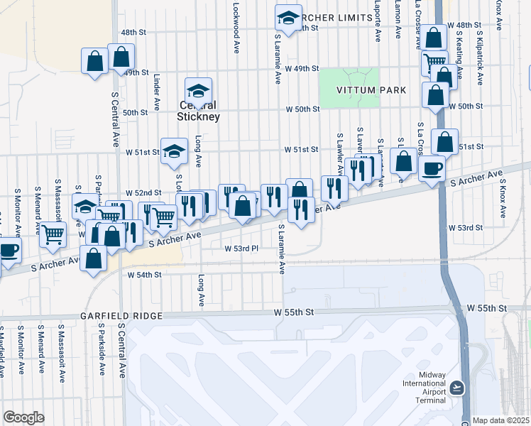 map of restaurants, bars, coffee shops, grocery stores, and more near 5674 South Archer Avenue in Chicago