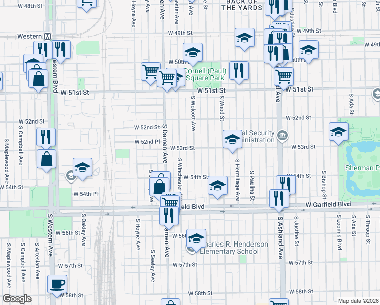 map of restaurants, bars, coffee shops, grocery stores, and more near 5302 South Wolcott Avenue in Chicago