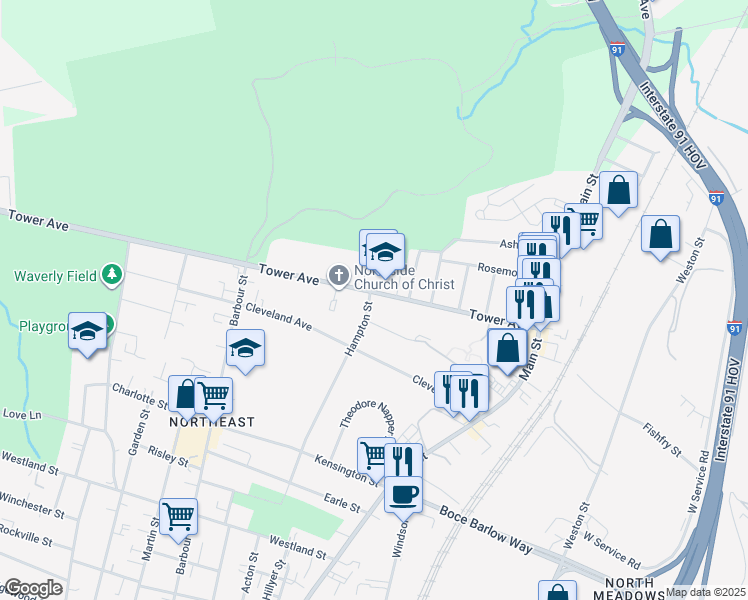 map of restaurants, bars, coffee shops, grocery stores, and more near 218 Hampton Street in Hartford