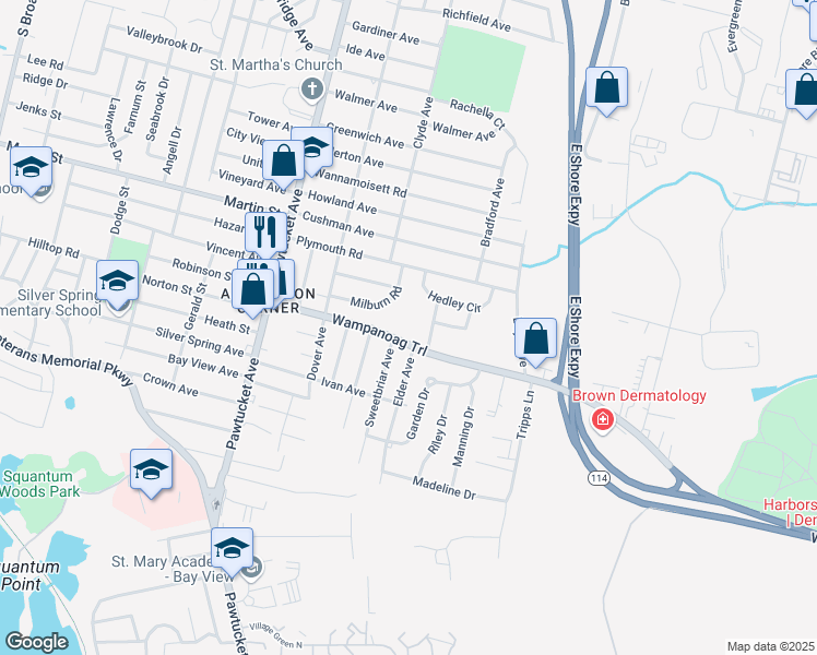 map of restaurants, bars, coffee shops, grocery stores, and more near 120 Wampanoag Trail in East Providence