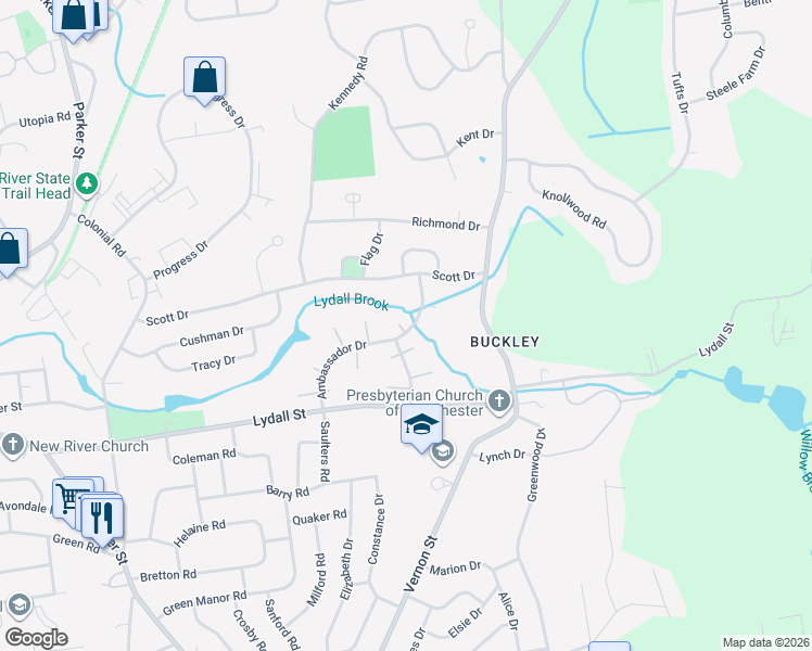 map of restaurants, bars, coffee shops, grocery stores, and more near 114 Ambassador Drive in Manchester