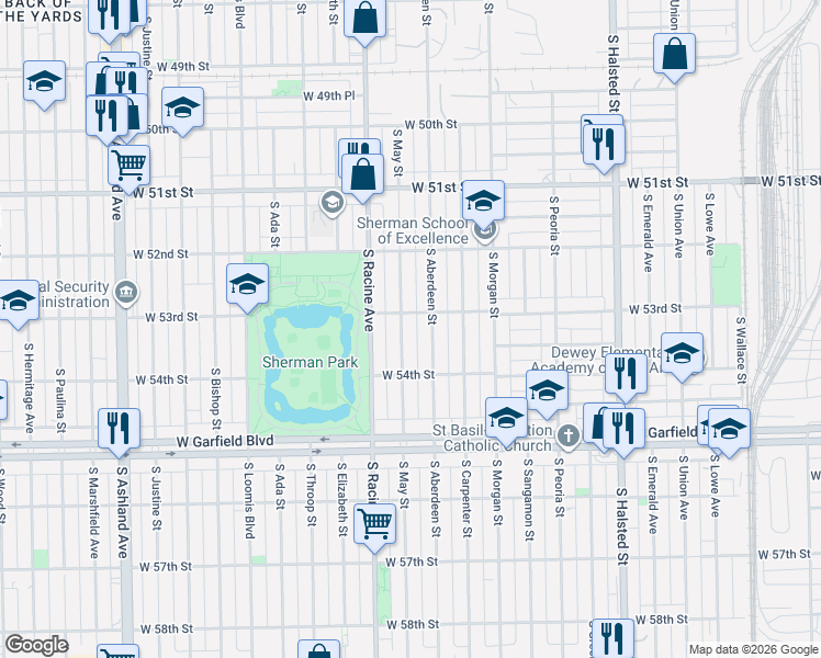 map of restaurants, bars, coffee shops, grocery stores, and more near 5308 South May Street in Chicago