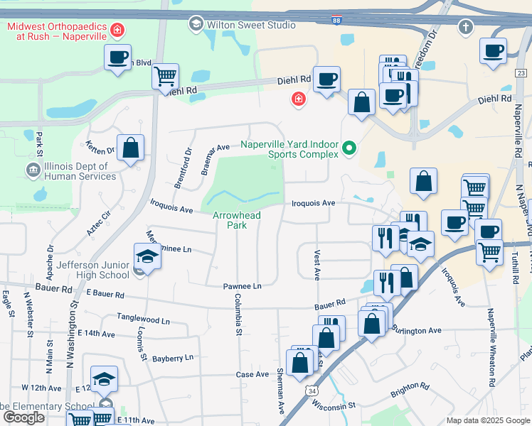map of restaurants, bars, coffee shops, grocery stores, and more near 1580 Shenandoah Lane in Naperville
