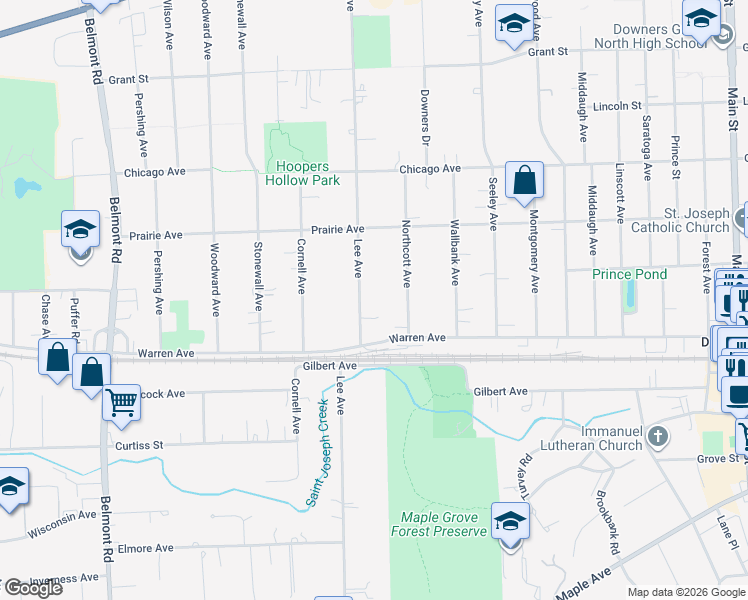 map of restaurants, bars, coffee shops, grocery stores, and more near 4915 Lee Avenue in Downers Grove