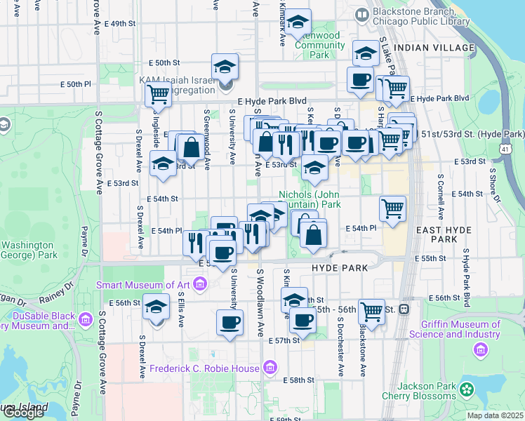 map of restaurants, bars, coffee shops, grocery stores, and more near 5415 South Woodlawn Avenue in Chicago