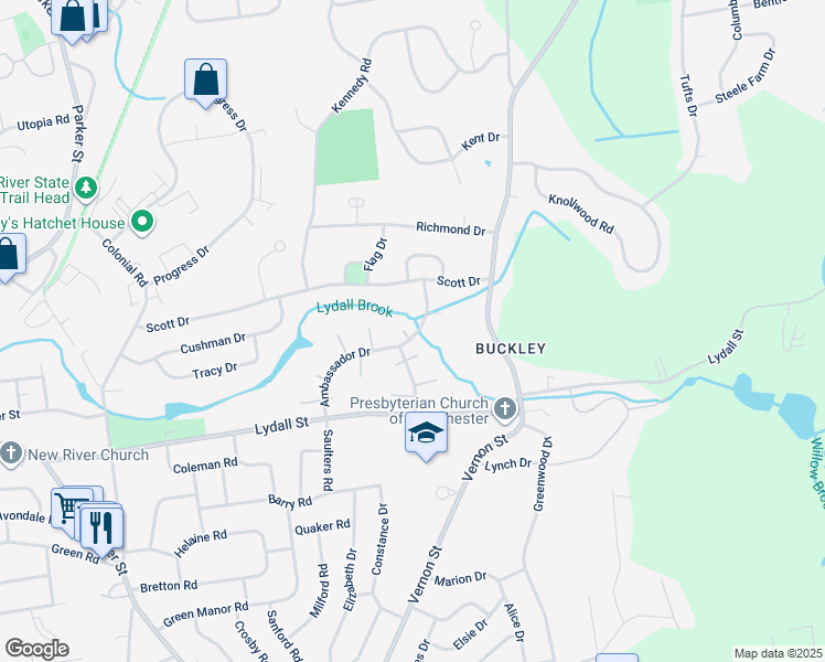 map of restaurants, bars, coffee shops, grocery stores, and more near 88 Ambassador Drive in Manchester