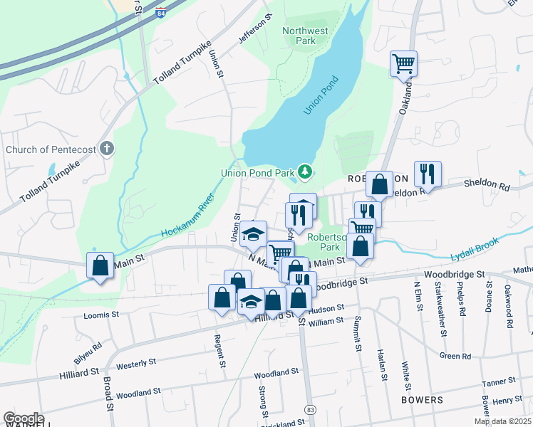 map of restaurants, bars, coffee shops, grocery stores, and more near 70 North School Street in Manchester