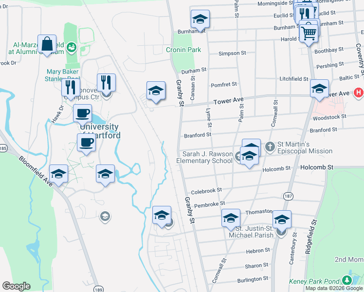 map of restaurants, bars, coffee shops, grocery stores, and more near 230 Westminster Street in Hartford