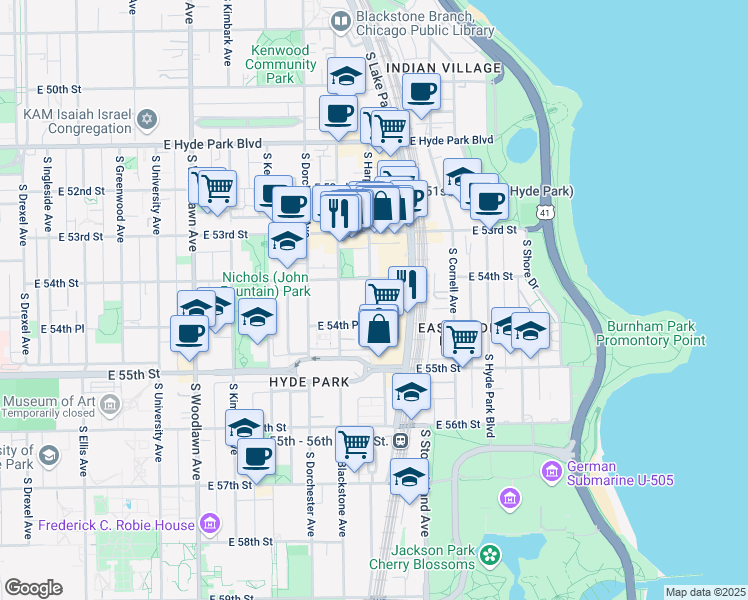 map of restaurants, bars, coffee shops, grocery stores, and more near 5416 South Harper Avenue in Chicago
