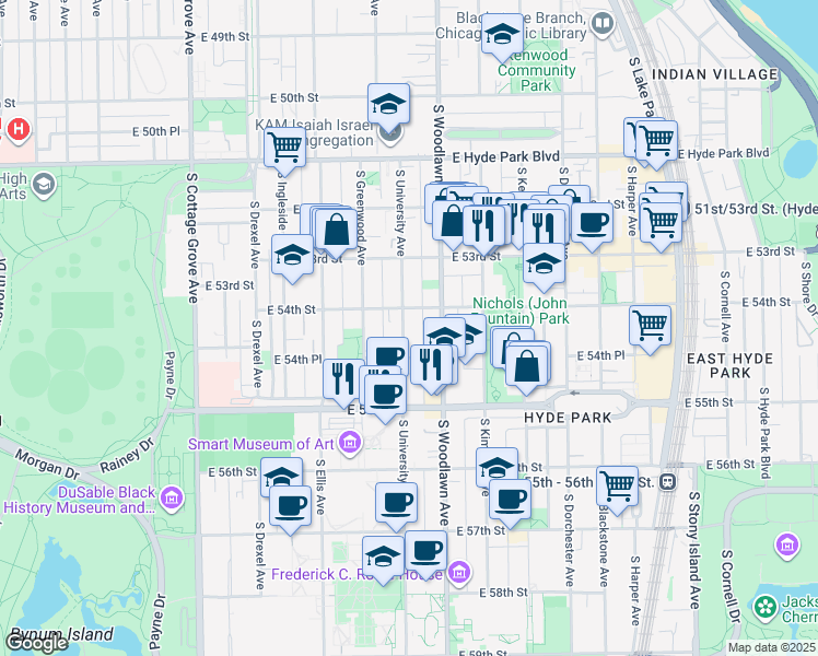 map of restaurants, bars, coffee shops, grocery stores, and more near 5410 South University Avenue in Chicago
