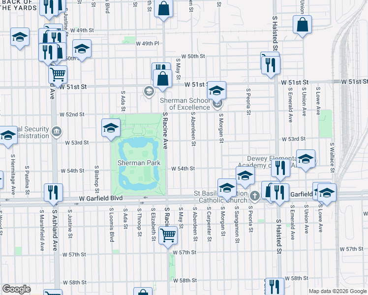 map of restaurants, bars, coffee shops, grocery stores, and more near 5308 South May Street in Chicago