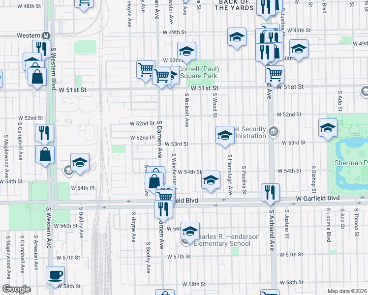 map of restaurants, bars, coffee shops, grocery stores, and more near 5302 South Wolcott Avenue in Chicago