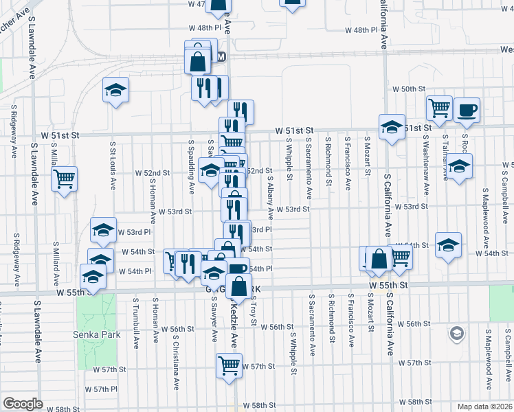 map of restaurants, bars, coffee shops, grocery stores, and more near 5251 South Troy Street in Chicago