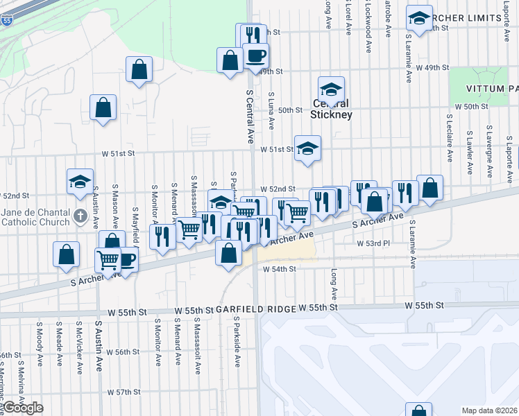 map of restaurants, bars, coffee shops, grocery stores, and more near 5227 South Central Avenue in Chicago