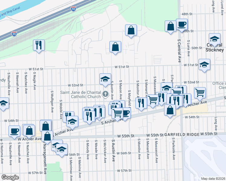 map of restaurants, bars, coffee shops, grocery stores, and more near 5216 South Austin Avenue in Chicago