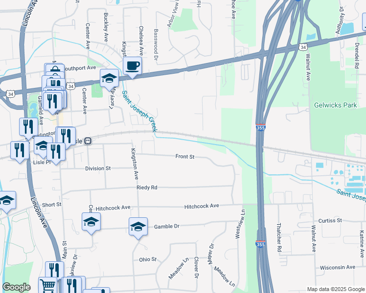 map of restaurants, bars, coffee shops, grocery stores, and more near 636 Front Street in Lisle