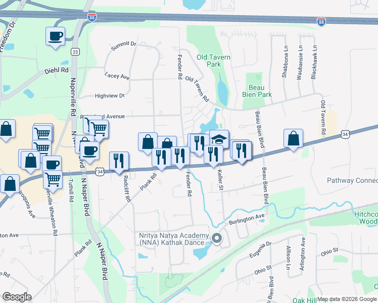 map of restaurants, bars, coffee shops, grocery stores, and more near 4800 Lake Trail Drive in Lisle
