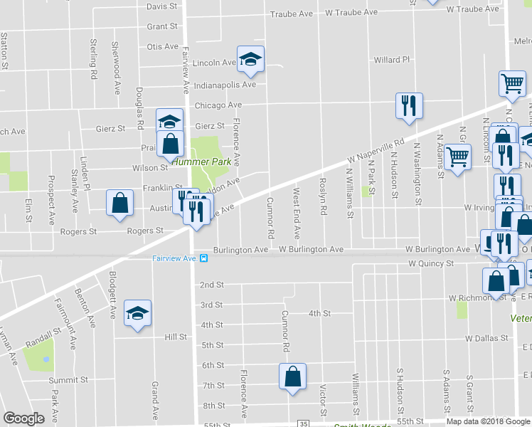map of restaurants, bars, coffee shops, grocery stores, and more near 4940 Cumnor Road in Downers Grove