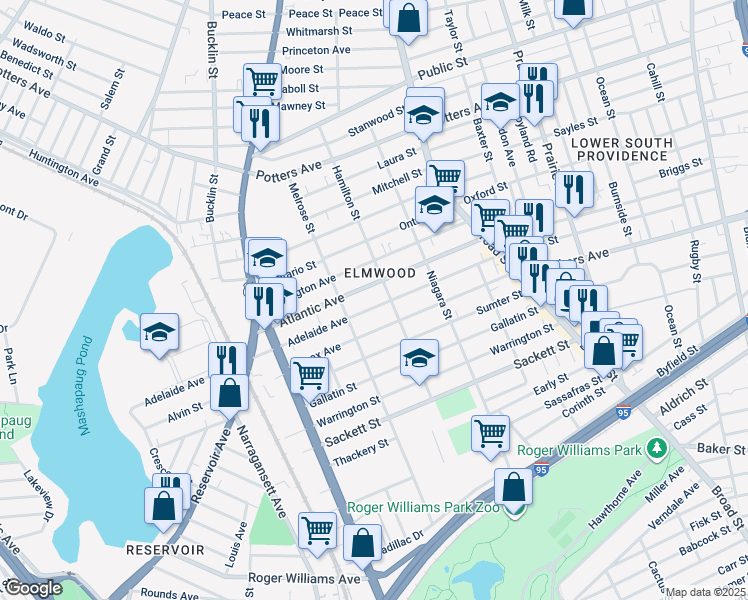 map of restaurants, bars, coffee shops, grocery stores, and more near 143 Adelaide Avenue in Providence