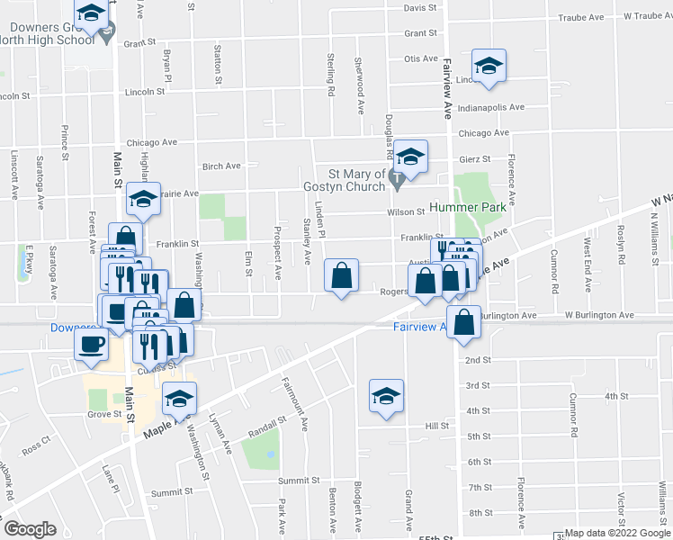 map of restaurants, bars, coffee shops, grocery stores, and more near 615 Austin Street in Downers Grove