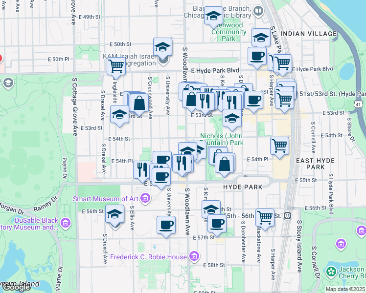 map of restaurants, bars, coffee shops, grocery stores, and more near 5416 South Woodlawn Avenue in Chicago