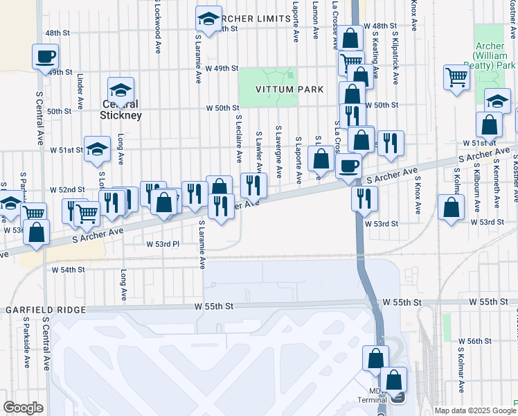 map of restaurants, bars, coffee shops, grocery stores, and more near 5565 South Archer Avenue in Chicago