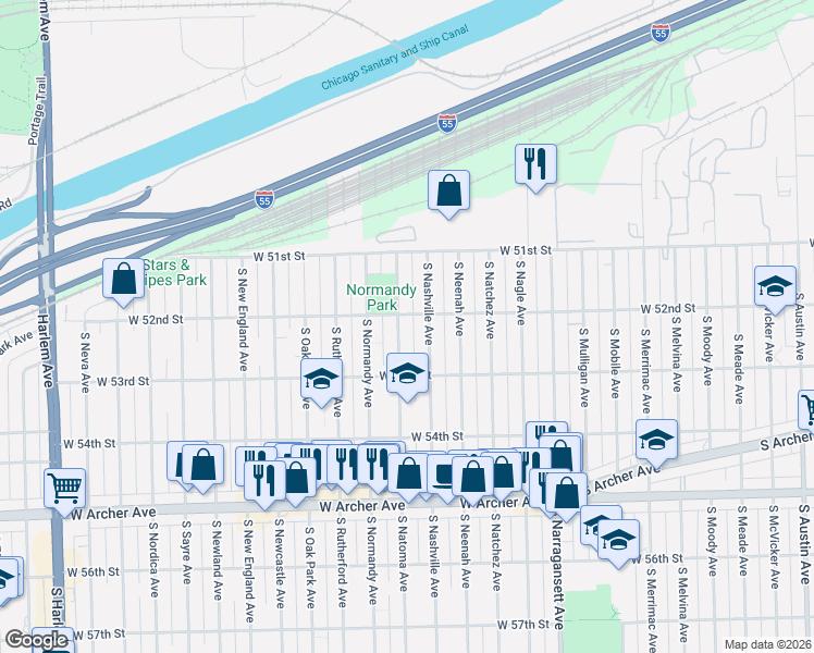 map of restaurants, bars, coffee shops, grocery stores, and more near 5209 South Natoma Avenue in Chicago