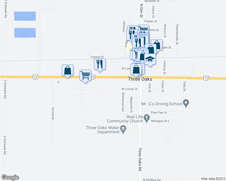 map of restaurants, bars, coffee shops, grocery stores, and more near 209 West Locust Street in Three Oaks