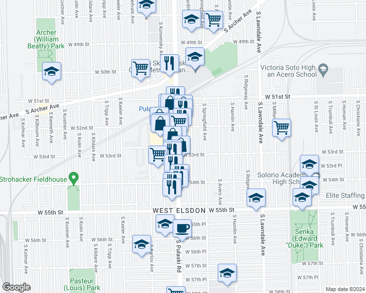 map of restaurants, bars, coffee shops, grocery stores, and more near 5241 South Pulaski Road in Chicago