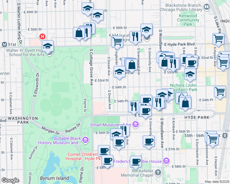 map of restaurants, bars, coffee shops, grocery stores, and more near 5414 South Ingleside Avenue in Chicago