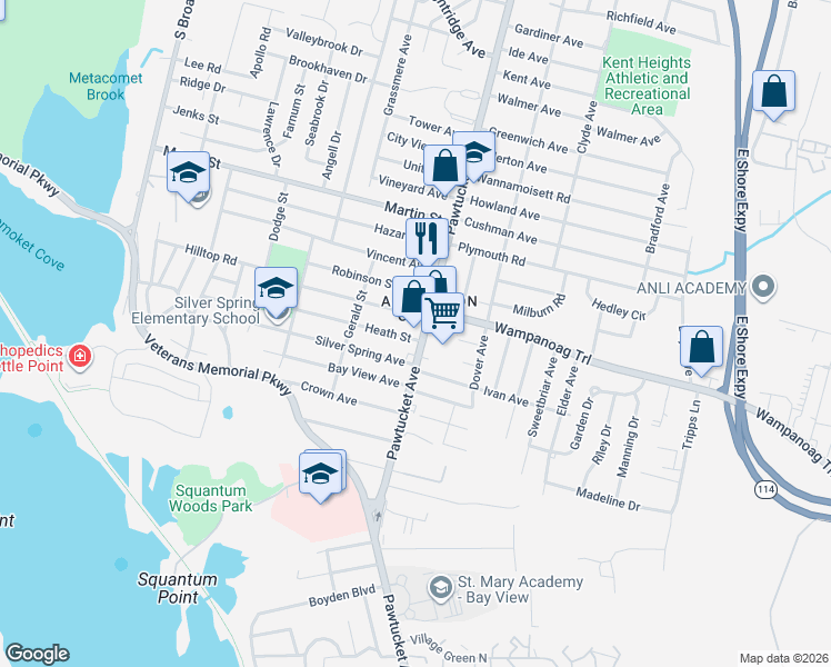 map of restaurants, bars, coffee shops, grocery stores, and more near 2841 Pawtucket Avenue in East Providence