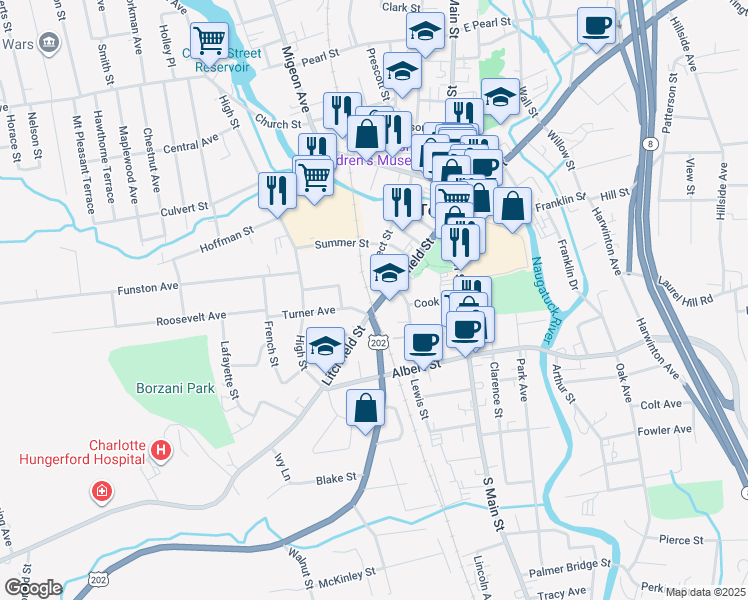 map of restaurants, bars, coffee shops, grocery stores, and more near 190 Litchfield Street in Torrington