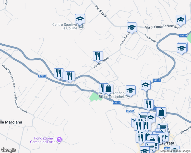 map of restaurants, bars, coffee shops, grocery stores, and more near 12 Via Montiglioni in Grottaferrata