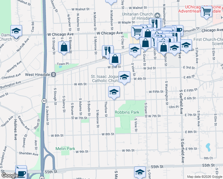 map of restaurants, bars, coffee shops, grocery stores, and more near 415 Thurlow Street in Hinsdale