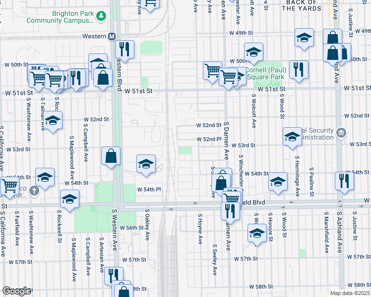 map of restaurants, bars, coffee shops, grocery stores, and more near 5321 South Hamilton Avenue in Chicago