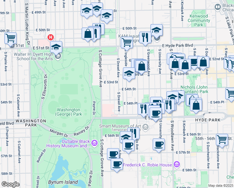 map of restaurants, bars, coffee shops, grocery stores, and more near 5340 South Drexel Avenue in Chicago