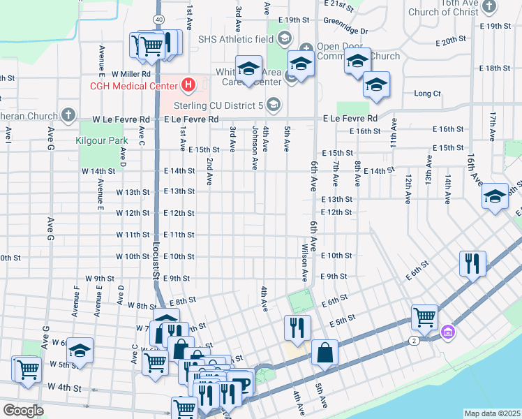 map of restaurants, bars, coffee shops, grocery stores, and more near 1201 4th Avenue in Sterling