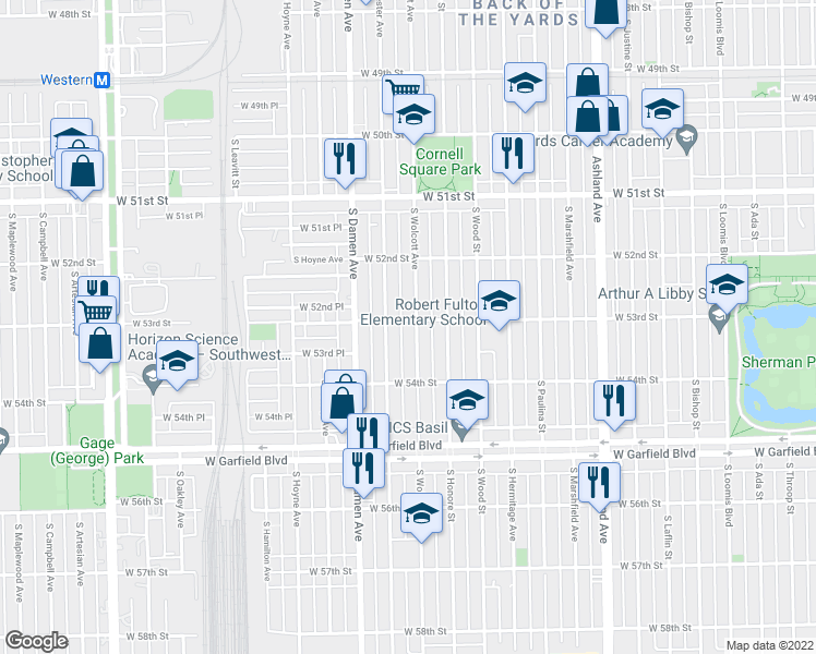 map of restaurants, bars, coffee shops, grocery stores, and more near 5302 South Wolcott Avenue in Chicago