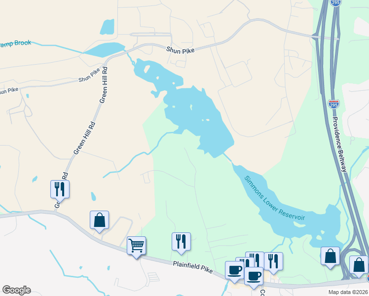 map of restaurants, bars, coffee shops, grocery stores, and more near 99 Taylor Road in Johnston