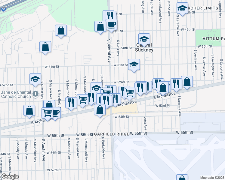 map of restaurants, bars, coffee shops, grocery stores, and more near 5227 South Central Avenue in Chicago