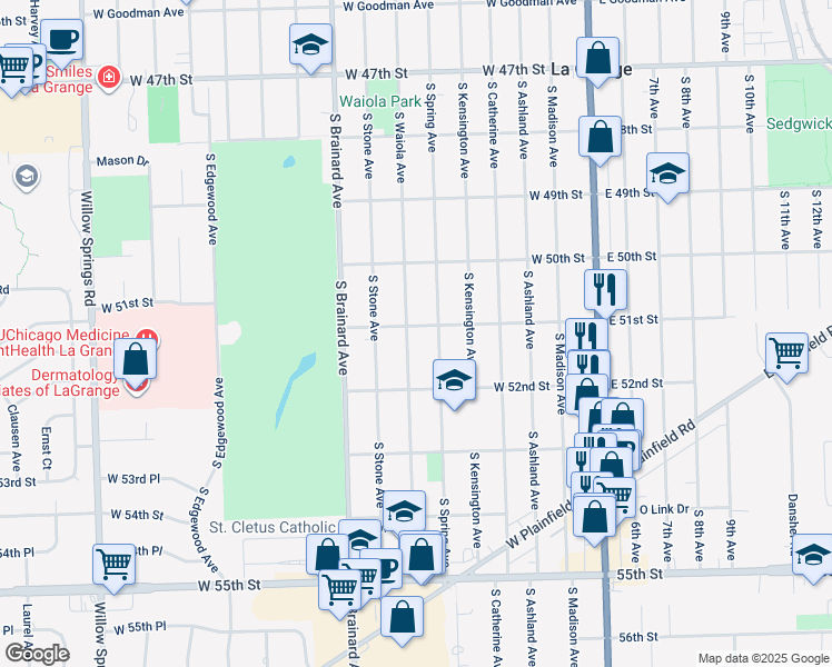 map of restaurants, bars, coffee shops, grocery stores, and more near 901 South Waiola Avenue in La Grange