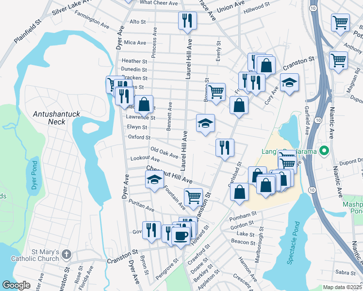 map of restaurants, bars, coffee shops, grocery stores, and more near 581 Laurel Hill Avenue in Cranston