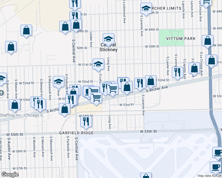map of restaurants, bars, coffee shops, grocery stores, and more near 5229 Long Avenue in Chicago