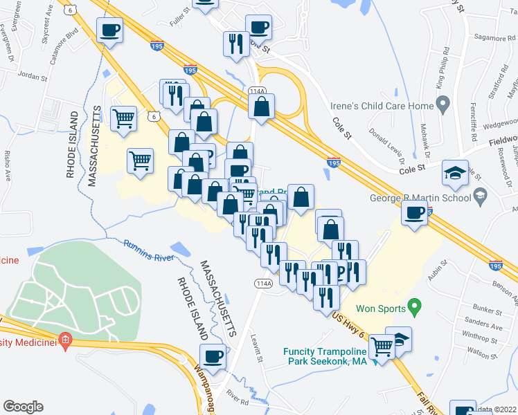 map of restaurants, bars, coffee shops, grocery stores, and more near 1030 Fall River Avenue in Seekonk
