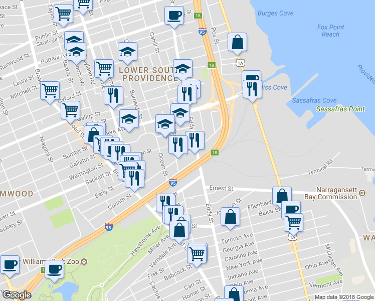 map of restaurants, bars, coffee shops, grocery stores, and more near 123 Pavilion Avenue in Providence