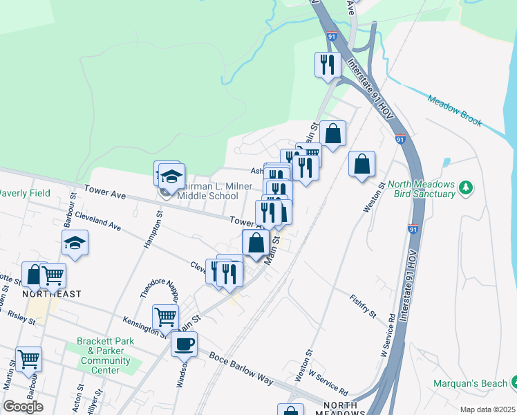 map of restaurants, bars, coffee shops, grocery stores, and more near 19 Addison Street in Hartford