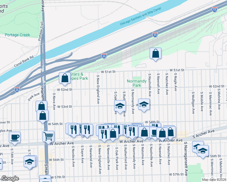 map of restaurants, bars, coffee shops, grocery stores, and more near 5204 South Oak Park Avenue in Chicago