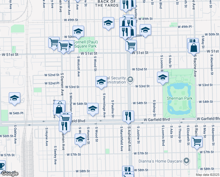 map of restaurants, bars, coffee shops, grocery stores, and more near 5302 South Paulina Street in Chicago
